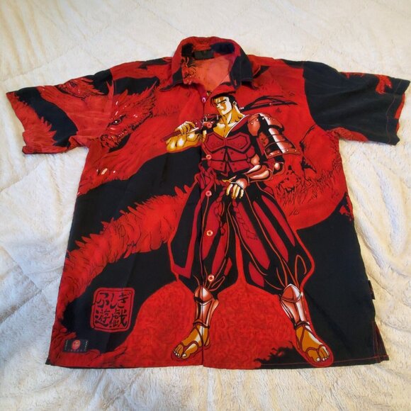 Sword Anime Dragon Cartoon Samurai Sword red Graphic Button Up 2XL - Picture 1 of 13